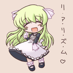 Rule 34 | 00s, 1girl, :d, ^ ^, black dress, blush, bobby socks, chibi, closed eyes, dress, full body, green hair, ikkyuu, long hair, long sleeves, lowres, mary janes, media (pani poni), open mouth, pani poni dash!, pink background, shoes, simple background, smile, socks, solo, standing, white socks