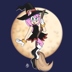 Rule 34 | amy rose, boots, broom, broom riding, dress, gloves, hat, highres, innotsu, moon, smile, sonic (series), witch, witch hat