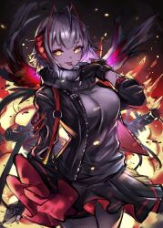 Rule 34 | 1girl, absurdres, antenna hair, antennae, arknights, black gloves, black jacket, black pantyhose, breasts, demon girl, demon horns, demon tail, detonator, explosion, fingerless gloves, gloves, grey hair, grey shirt, highres, holding, horns, jacket, key jun, large breasts, licking, licking finger, looking at viewer, mk 18 carbine, open clothes, open jacket, pantyhose, red nails, scarf, shirt, short hair, skirt, smile, solo, tail, w (arknights)