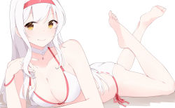Rule 34 | 1girl, alternate costume, ass, barefoot, bikini, blush, breasts, choker, cleavage, commentary request, hairband, halterneck, highres, ieufg, kantai collection, large breasts, long hair, looking at viewer, lying, on stomach, shoukaku (kancolle), side-tie bikini bottom, simple background, smile, solo, string bikini, swimsuit, the pose, white background, white hair