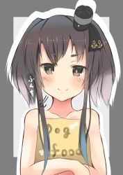 Rule 34 | 10s, 1girl, atsutoku, bare shoulders, black hair, blush, brown eyes, crossed arms, english text, gradient hair, grey hair, highres, kantai collection, looking at viewer, multicolored hair, pet food, short hair with long locks, smile, solo, tokitsukaze (kancolle), two-tone hair, upper body