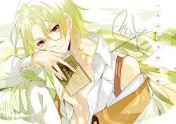 Rule 34 | 1boy, book, cape, collared shirt, eyewear strap, feet out of frame, green cape, green hair, holding, holding book, hyosung, cabbage blossom (the tale of food), knee up, long hair, long sleeves, looking at viewer, male focus, off shoulder, open clothes, open shirt, pants, parted bangs, pectoral cleavage, pectorals, round eyewear, shirt, signature, sleeveless, sleeveless shirt, smile, solo, the tale of food, upper body, wet, white pants, white shirt, yellow-framed eyewear, yellow eyes