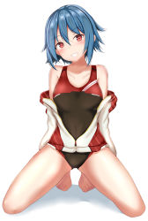 Rule 34 | 1girl, :d, armpit crease, bad id, bad pixiv id, bare shoulders, barefoot, black one-piece swimsuit, blue hair, blush, breasts, collarbone, full body, grin, hair between eyes, head tilt, highres, jacket, kneeling, long sleeves, looking at viewer, medium breasts, off shoulder, one-piece swimsuit, open clothes, open jacket, open mouth, partially unzipped, phantasy star, phantasy star online 2, red eyes, school swimsuit, shadow, short hair, sidelocks, simple background, smile, solo, stratos (pso2), swimsuit, teeth, thighs, white background, white jacket, yuano