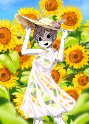 Rule 34 | 1girl, 4shi, :d, arms up, bags under eyes, breasts, collared dress, dango-chan (4shi), day, double bun, dress, drooling, flower, hair bun, hair through headwear, hands on headwear, hat, highres, hollow eyes, hollow mouth, open mouth, original, outdoors, pink hair, see-through, sleeveless, sleeveless dress, small breasts, smile, solo, standing, straw hat, sun hat, sunflower, yellow flower