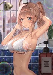 Rule 34 | 1girl, absurdres, arm up, armpits, bikini, blue eyes, blush, bracelet, breasts, brown hair, cleavage, earrings, highres, indoors, jewelry, kantai collection, large breasts, long hair, looking at viewer, navel, one side up, parted lips, plant, ponytail, potted plant, saratoga (kancolle), shower (place), shower head, showering, soap bottle, soap bubbles, solo, stomach, strap gap, swimsuit, taki rentaro, upper body, water, white bikini, white headwear, window