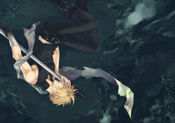 Rule 34 | 1boy, bandaged arm, bandages, bare shoulders, belt, belt buckle, black footwear, black gloves, black pants, black shirt, blonde hair, boots, buckle, closed eyes, cloud strife, feet out of frame, final fantasy, final fantasy vii, final fantasy vii advent children, gloves, hair between eyes, high collar, holding, holding sword, holding weapon, male focus, masamune (ff7), midriff peek, open collar, pants, scarf, shirt, short hair, sleeveless, sleeveless shirt, solo, spiked hair, square enix, sword, torn clothes, torn scarf, weapon, yui (nightflight)