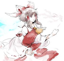 Rule 34 | 1girl, asakura noi, ascot, bare shoulders, bow, breasts, brown hair, cowboy shot, detached sleeves, hair bow, hair tubes, hakurei reimu, nontraditional miko, open mouth, purple eyes, short hair, sketch, solo, touhou, white background, wide sleeves