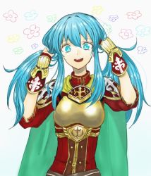 Rule 34 | 1girl, aqua eyes, aqua hair, armor, breastplate, bunching hair, cape, earrings, eirika (fire emblem), fingerless gloves, fire emblem, fire emblem: the sacred stones, flower, gloves, holding, holding hair, jewelry, kankisen, long hair, looking at viewer, nintendo, open mouth, simple background, smile, solo, traditional media, twintails, upper body, white background
