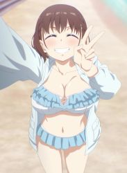 Rule 34 | 1girl, absurdres, ai-chan (tawawa), beach, breasts, brown hair, cleavage, closed eyes, getsuyoubi no tawawa, highres, jacket, large breasts, open clothes, open jacket, peace symbol, screencap, short hair, smile, stitched, swimsuit, third-party edit