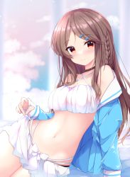 Rule 34 | 1girl, absurdres, azur lane, bare shoulders, bikini, bikini under clothes, blue jacket, blurry, blurry background, braid, brown hair, closed mouth, collarbone, commentary request, criss-cross halter, depth of field, fuuna, hair ornament, hairclip, halterneck, highres, jacket, kimberly (azur lane), long hair, long sleeves, looking at viewer, navel, off shoulder, open clothes, open jacket, parted bangs, red eyes, sleeves past wrists, smile, solo, swimsuit, very long hair, white bikini
