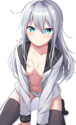 Rule 34 | 1girl, black sailor collar, black thighhighs, blue eyes, blush, breasts, closed mouth, collarbone, hair between eyes, hibiki (kancolle), kantai collection, kohakope, long hair, long sleeves, no bra, open clothes, open shirt, panties, sailor collar, sailor shirt, shirt, silver hair, simple background, small breasts, solo, thighhighs, underwear, verniy (kancolle), white background, white panties, white shirt
