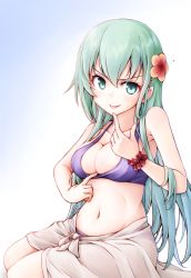 Rule 34 | 1girl, bikini, bikini pull, breasts, cleavage, clothes pull, collarbone, flower, gradient background, green eyes, green hair, hair between eyes, hair flower, hair ornament, kantai collection, large breasts, long hair, meihemu, navel, pink flower, pulling own clothes, purple bikini, sarong, smile, solo, suzuya (kancolle), swimsuit, tongue, tongue out, v-shaped eyebrows, white sarong