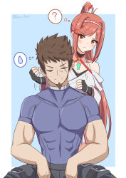 Rule 34 | 1boy, 1girl, ?, absurdres, black gloves, blurry, blurry background, blush, breasts, cleavage, criss-cross halter, detached sleeves, facial hair, father and daughter, fingerless gloves, glimmer (xenoblade), gloves, halterneck, high ponytail, highres, medium breasts, muscular, muscular male, pants, red eyes, red hair, rex (xenoblade), ryochan96154, scar, scar across eye, short sleeves, speech bubble, spoken sweatdrop, strong, sweatdrop, swept bangs, xenoblade chronicles (series), xenoblade chronicles 3