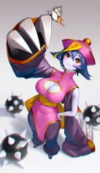Rule 34 | 1girl, baggy pants, blue hair, blue skin, blush stickers, breasts, bug, butterfly, butterfly on hand, claw (weapon), cleavage, cleavage cutout, clothing cutout, colored skin, commentary request, from above, full body, hair between eyes, hand on own hip, hat, highres, hiragana oufu, bug, jiangshi, large breasts, lei lei, ofuda, orange eyes, pants, pelvic curtain, qingdai guanmao, sleeves past wrists, solo, spiked ball, vampire (game), weapon