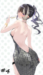 1girl absurdres alternate_costume alternate_hairstyle ass back backboob backless_outfit black_hair blonde_hair blunt_bangs bracelet breasts champagne_flute commentary_request cup drinking_glass fingernails from_behind gold_bracelet grey_eyes hair_ornament highres holding holding_cup hololive hololive_dev_is jewelry juufuutei_raden looking_at_viewer looking_back medium_breasts menomeno_draw multicolored_hair multiple_bracelets nail_polish nightgown polka_dot polka_dot_background ponytail red_nails solo streaked_hair virtual_youtuber