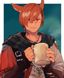 Rule 34 | 1boy, animal ears, cat boy, cat ears, cup, facial mark, film grain, final fantasy, final fantasy xiv, fingerless gloves, g&#039;raha tia, gloves, grbraku, hair between eyes, hair ornament, hairclip, highres, holding, jewelry, looking at viewer, male focus, miqo&#039;te, mug, neck tattoo, necklace, red eyes, red hair, short hair, smile, solo, tattoo, upper body