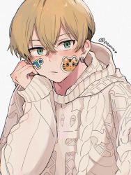 Rule 34 | 1boy, blonde hair, brown sweater, closed mouth, earrings, green eyes, hair between eyes, head rest, highres, jewelry, long sleeves, looking at viewer, male focus, matsuno chifuyu, poyan 08, short hair, simple background, single earring, sleeves past wrists, solo, sticker, sweater, tokyo revengers, twitter username, undercut, upper body, white background