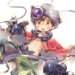 Rule 34 | 1boy, :o, android, black hair, cape, collar, commentary request, dutch angle, facial mark, fake horns, green eyes, green pants, helmet, horned helmet, kuga tsukasa, looking at viewer, made in abyss, male focus, mechanical arms, navel, pants, red cape, regu (made in abyss), simple background, solo, white background