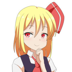 Rule 34 | 1girl, ascot, black vest, blonde hair, cato (monocatienus), commentary, hair between eyes, hair ribbon, hand on own chin, looking at viewer, medium hair, portrait, red ascot, red eyes, red ribbon, ribbon, rumia, shirt, short sleeves, simple background, smile, smirk, solo, touhou, vest, white background, white shirt