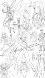 Rule 34 | 00s, 1boy, 5girls, bare legs, bodysuit, building, city, clare (claymore), claymore (series), claymore (sword), elena (claymore), greyscale, highres, holding, holding sword, holding weapon, leotard, long hair, looking at viewer, monochrome, multiple girls, outdoors, priscilla (claymore), rsk, rubel, simple background, sketch, skin tight, spread legs, standing, sword, teresa, very long hair, weapon, white background