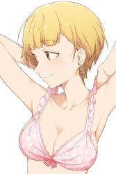 Rule 34 | 1girl, armpits, arms behind head, arms up, bad id, bad twitter id, bare arms, bare shoulders, blonde hair, blunt bangs, blush, bow, bow bra, bra, breasts, brown eyes, cleavage, closed mouth, collarbone, commentary request, earrings, floral print, frilled bra, frills, fukuda noriko, highres, hiroki (yyqw7151), idolmaster, idolmaster million live!, jewelry, lace, lace-trimmed bra, lace trim, light blush, looking away, looking to the side, medium breasts, pink bow, pink bra, print bra, short hair, simple background, smile, solo, strap pull, underwear, underwear only, upper body, white background