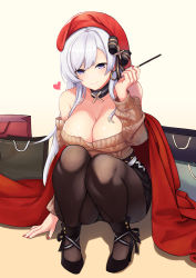 Rule 34 | 1girl, absurdres, ankle ribbon, azur lane, bag, bare shoulders, belfast (azur lane), belfast (shopping with the head maid) (azur lane), black panties, black ribbon, black skirt, blue eyes, blush, breasts, brown sweater, choker, cleavage, collarbone, earrings, food, hair ribbon, hawood, heart, high heels, highres, holding, holding food, jewelry, large breasts, leg ribbon, long hair, looking at viewer, nail polish, off-shoulder sweater, off shoulder, panties, pantyhose, pencil skirt, pocky, purple eyes, red headwear, red nails, ribbon, shadow, skirt, smile, squatting, sweater, underwear, white hair