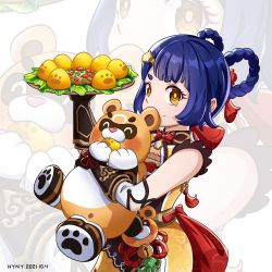Rule 34 | 1girl, animal, animal hug, black hair, blunt bangs, bow, braid, brown eyes, carrying, chinese clothes, commentary request, food, genshin impact, guoba (genshin impact), hair bow, hair ornament, hair ribbon, hairclip, highres, hug, hyny, long hair, long sleeves, looking at viewer, plate, red panda, ribbon, sidelocks, simple background, thick eyebrows, twin braids, vest, xiangling (genshin impact), zoom layer