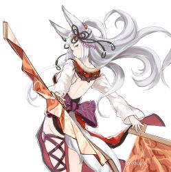 Rule 34 | 10s, 1girl, animal ears, backless outfit, blue eyes, bow, detached sleeves, erune, hand fan, folding fan, fox ears, fox tail, granblue fantasy, hair ornament, highres, holding, holding fan, long hair, looking at viewer, looking back, nosuku, silver hair, societte (granblue fantasy), solo, tail, twitter username