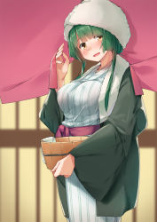 Rule 34 | 1girl, :d, bath yukata, blurry, blurry background, blush, breasts, brown eyes, commentary request, depth of field, green hair, hand up, highres, holding, japanese clothes, kanzen bouon, kimono, long hair, long sleeves, looking at viewer, medium breasts, obi, open mouth, sash, sidelocks, smile, solo, striped clothes, striped kimono, touhoku zunko, towel, towel on head, vertical-striped clothes, vertical-striped kimono, voiceroid, white kimono, wide sleeves, yukata