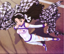 Rule 34 | 00s, 1990s (style), 1girl, artbook, bodysuit, breasts, checkered flag, cleavage cutout, clothing cutout, flag, from above, full body, future gpx cyber formula, hairband, high heels, highres, hisayuki hirokazu, looking at viewer, medium breasts, my-hime, race queen, retro artstyle, running track, shoes, smile, solo, standing, wind, yuuki rena