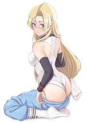 Rule 34 | 1girl, absurdres, arm warmers, ass, back cutout, bare shoulders, blonde hair, blue eyes, blue pants, blush, breasts, closed mouth, clothing cutout, eyes visible through hair, ghhoward, highres, long hair, looking at viewer, looking back, one-piece swimsuit, original, pants, parted bangs, simple background, sitting, small breasts, socks, soles, solo, swimsuit, undressing, wariza, white background, white one-piece swimsuit, white socks