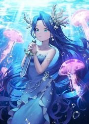 Rule 34 | 1girl, :o, air bubble, armlet, bare arms, blue eyes, blue hair, bubble, chain belt, chestnut mouth, collarbone, cookie run, coral hair ornament, dress, earrings, floating hair, frilled dress, frills, gem, heartki, highres, holding, holding sword, holding weapon, jellyfish, jewelry, layered dress, light rays, long hair, looking up, necklace, ocean, open mouth, own hands clasped, own hands together, parted bangs, pearl (gemstone), sea fairy cookie, seashell, shell, shell hair ornament, sleeveless, sleeveless dress, solo, starfish, sword, underwater, very long hair, weapon