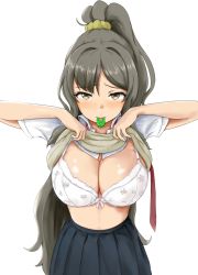 Rule 34 | 1girl, blush, bra, breasts, cleavage, clothes lift, dosaken, futaba rio, grey eyes, grey hair, large breasts, long hair, looking at viewer, mouth hold, necktie, ponytail, school uniform, seishun buta yarou, shirt, shirt lift, simple background, solo, underwear, very long hair, white background