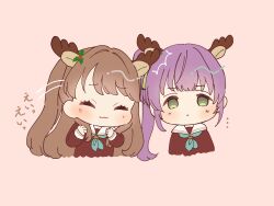 Rule 34 | 2girls, :3, :|, ^^^, ^ ^, animal ears, antlers, aqua neckerchief, blush, brown dress, brown hair, chibi, chibi only, clenched hands, closed eyes, closed mouth, commentary request, cropped torso, deer ears, dress, fake animal ears, fake antlers, flower, fujishima megumi, green eyes, hair bun, hair flower, hair ornament, hands up, hasu no sora school uniform, headbutt, highres, hiyori (20hiyori727), horns, link! like! love live!, long hair, long sleeves, looking at viewer, love live!, motion lines, multiple girls, neckerchief, no pupils, otomune kozue, pink background, purple hair, red flower, reindeer antlers, sailor collar, sailor dress, school uniform, side ponytail, sidelocks, simple background, single side bun, smile, translation request, two side up, virtual youtuber, white sailor collar, winter uniform