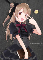 Rule 34 | 1girl, :d, black bow, black dress, bow, brown eyes, brown hair, character name, dress, earrings, frilled dress, frills, gothic lolita, hair bow, holding, inui sekihiko, jewelry, layered dress, lolita fashion, long hair, love live!, love live! school idol project, magic circle, minami kotori, nail polish, neck ribbon, open mouth, red nails, red ribbon, ribbon, short sleeves, side ponytail, skull earrings, smile, solo, standing, underbust, very long hair, w over eye