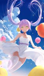 Rule 34 | 1girl, absurdres, bad id, bad pixiv id, balloon, bare arms, bare shoulders, blue sky, blush, breasts, cleavage, closed mouth, cloud, collarbone, day, dress, floating hair, green eyes, hair ornament, hairclip, highres, hololive, huge filesize, long hair, looking at viewer, midair, moubokobokodayo, no shoes, outdoors, purple hair, skindentation, sky, small breasts, smile, solo, strapless, strapless dress, thighhighs, tokoyami towa, twintails, very long hair, virtual youtuber, white dress, white thighhighs