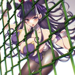 Rule 34 | 1girl, animal ears, armband, bare shoulders, black gloves, blush, breasts, brown pantyhose, chain-link fence, cleavage, collarbone, cone hair bun, detached collar, fake animal ears, fate/grand order, fate (series), fence, fishnet pantyhose, fishnets, gloves, hair bun, half gloves, highleg, highleg leotard, highres, large breasts, leaning forward, leotard, long hair, looking at viewer, murasaki shikibu (fate), necktie, open mouth, pantyhose, playboy bunny, purple eyes, purple hair, purple leotard, rabbit ears, rabbit tail, solo, tail, tajima yoshikazu, thighs, two side up, very long hair, wrist cuffs