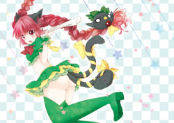 Rule 34 | 1girl, animal ears, ass, bird, braid, cat ears, cat girl, cat tail, extra ears, female focus, green thighhighs, kaenbyou rin, long hair, mao (alepricos), midriff, multiple tails, no panties, o o, pointy ears, red eyes, red hair, reiuji utsuho, reiuji utsuho (bird), skirt, solo, tail, thighhighs, touhou, very long hair