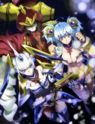 Rule 34 | 3girls, antennae, black hair, blue eyes, blue hair, breasts, cagliostro (symphogear), cleavage, clenched hands, fighting stance, gloves, gun, hair ornament, headgear, highres, holding, holding weapon, impossible clothes, light blue hair, long hair, magical girl, medium breasts, multiple girls, prelati (symphogear), purple eyes, saint-germain (symphogear), senki zesshou symphogear, serious, skirt, small breasts, symphogear pendant, third-party source, weapon, white hair