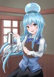 Rule 34 | 2others, absurdres, androgynous, blue hair, blurry, blurry background, cosplay, crossover, cup, dual persona, gochuumon wa usagi desu ka?, hair between eyes, highres, kafuu chino (cosplay), long hair, long sleeves, looking at viewer, mug, multiple others, open mouth, pitcher (container), ribbon, rimuru tempest, ryouma (taso), slime (creature), smile, tensei shitara slime datta ken, very long hair, yellow eyes