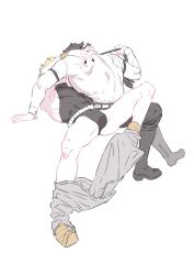 Rule 34 | 2boys, arm strap, ass, back, black leotard, black nails, blonde hair, bracelet, dio brando, full body, hand on another&#039;s back, hand on another&#039;s head, honlo, implied kiss, jewelry, jojo no kimyou na bouken, jonathan joestar, leotard, lying, male focus, multiple boys, muscular, muscular male, necktie, on back, pants, pectorals, phantom blood, pointy footwear, shirt, short hair, stardust crusaders, undressing, undressing another, white background, yaoi