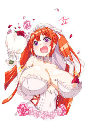 Rule 34 | 1girl, bare shoulders, bouquet, breasts, bridal veil, censored, censored nipples, convenient censoring, cropped torso, dress, elbow gloves, fang, flower, gloves, highres, holding, huge breasts, last origin, long hair, may of doom, open mouth, petal censor, petals, pink flower, pink rose, purple eyes, rantia, red flower, red hair, red rose, rose, simple background, solo, torn clothes, torn dress, twintails, upper body, veil, wardrobe malfunction, wedding dress, white background, white dress, white gloves