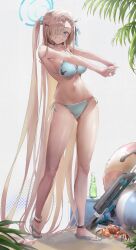 Rule 34 | 1girl, absurdly long hair, animal, asuna (blue archive), ball, bare arms, bare legs, bare shoulders, beachball, bikini, blue archive, blue bikini, blue eyes, blue halo, blue ribbon, breasts, cleavage, crab, full body, grin, gun, hair ornament, hair ribbon, hairclip, halo, highres, kuu (user gngs5284), large breasts, light brown hair, long hair, looking at viewer, ramune, ribbon, smile, solo, standing, swimsuit, two side up, very long hair, weapon