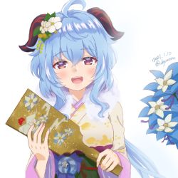 Rule 34 | 1girl, ahoge, blue flower, blue hair, blush, dated, flower, ganyu (genshin impact), genshin impact, glaze lily, hair flower, hair ornament, horns, japanese clothes, kimono, long hair, looking at viewer, nanamo yado, new year, open mouth, purple eyes, qingxin flower, sidelocks, smile, solo, twitter username, upper body, white background, white flower