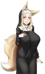 Rule 34 | 1girl, animal ear fluff, animal ears, blonde hair, blue eyes, breasts, commentary, covered erect nipples, cowboy shot, cross, cross necklace, ears through headwear, fox ears, fox girl, fox tail, habit, half-closed eyes, hand on own chest, huge breasts, jewelry, long sleeves, looking at viewer, mole, mole under eye, necklace, nun, original, sidelocks, simple background, smile, solo, symbol-only commentary, tail, traditional nun, twrlare, white background