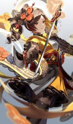 Rule 34 | 1girl, breasts, brown eyes, brown gloves, brown hair, brown pantyhose, chiori (genshin impact), cowboy shot, genshin impact, gloves, grey background, grey kimono, hair ornament, hair stick, haori, highres, holding, holding sword, holding weapon, japanese clothes, katana, kimono, long hair, looking at viewer, obi, pantyhose, red sash, sash, silence girl, small breasts, smile, solo, standing, sword, weapon
