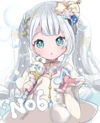 Rule 34 | 1girl, :o, aqua eyes, blue nails, blue ribbon, blunt bangs, bridal sleeves, bubble, commentary, dress, eighth note, glowing, gold trim, hair knot, hair ornament, hair ribbon, hatsune miku, holding, holding microphone, light blush, long hair, long sleeves, low-tied long hair, microphone, multicolored ribbon, musical note, narushima (sugar star), puffy long sleeves, puffy sleeves, reaching, reaching towards viewer, ribbon, snowflake hair ornament, snowflake print, snowflake pupils, snowflakes, solo, symbol-shaped pupils, twintails, upper body, very long hair, vocaloid, white background, white dress, white hair, white ribbon, yuki miku, yuki miku (2025) (candidate no.6)