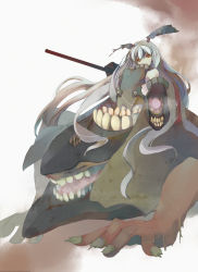 Rule 34 | 10s, 1girl, absurdly long hair, absurdres, abyssal ship, aiming, aiming at viewer, anchorage oni, arm cannon, bare shoulders, colored skin, hair ornament, highres, kantai collection, light smile, long hair, looking at viewer, machinery, murakami mame, no nose, orange eyes, silver hair, sleeveless, solo, teeth, turret, very long hair, weapon, white skin