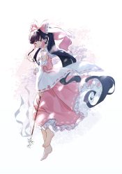 Rule 34 | 1girl, absurdres, alternate color, bad id, bad pixiv id, barefoot, black hair, cherry blossoms, floating, flower, frilled hair tubes, frilled ribbon, frilled shirt collar, frilled skirt, frills, gohei, gradient eyes, hair ribbon, hair tubes, hakurei reimu, hand up, happy, highres, long hair, long skirt, looking at viewer, looking to the side, multicolored background, multicolored eyes, petals, pink background, pink eyes, pink ribbon, pink shirt, pink skirt, purple background, red eyes, ribbon, ribbon-trimmed skirt, ribbon-trimmed sleeves, ribbon trim, rope, shimenawa, shirt, sidelocks, skirt, sleeveless, sleeveless shirt, smile, solo, suguni, swept bangs, toes, touhou, very long hair, white background, wide sleeves