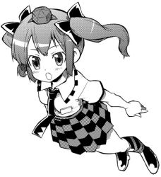 Rule 34 | 1girl, :o, checkered clothes, checkered skirt, female focus, foreshortening, from above, full body, greyscale, hat, himekaidou hatate, kannazuki hato, looking up, monochrome, necktie, open mouth, plaid, pleated skirt, short hair, simple background, skirt, solo, tokin hat, touhou, twintails